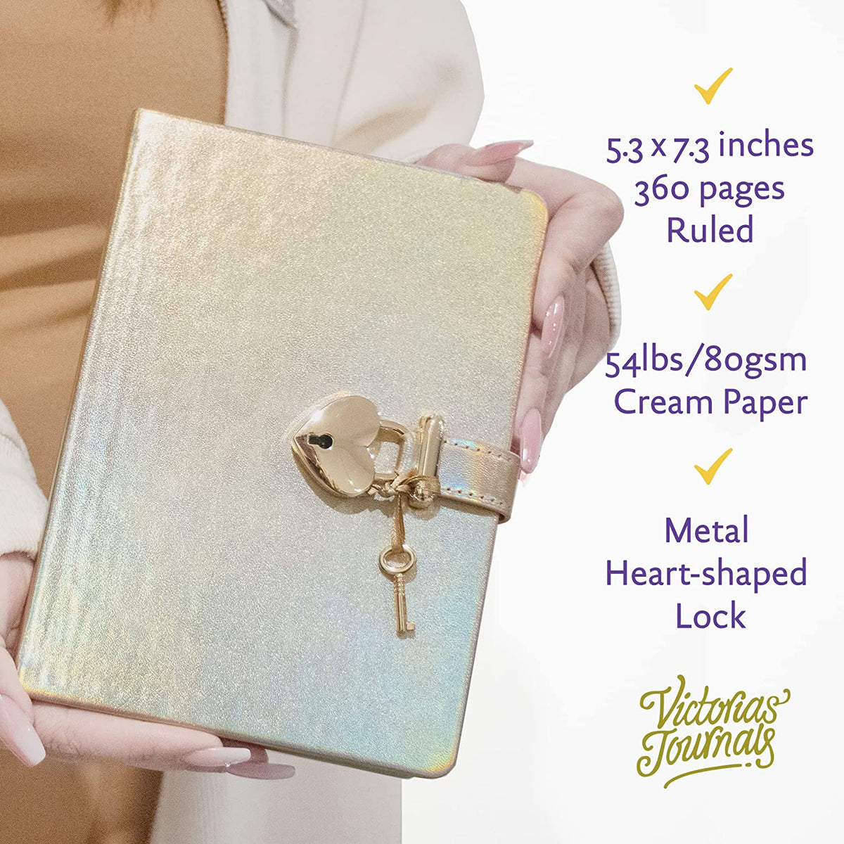 Secret Heart-Lock Journal – Iridescent Gold Vegan Leather, 320 Pages ...